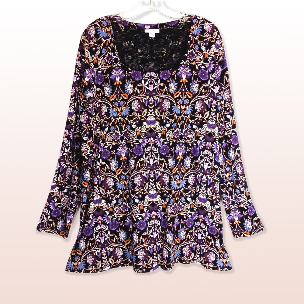 J. Jill Purple Scoop Neck Floral Print Long Sleeved Tunic Size L